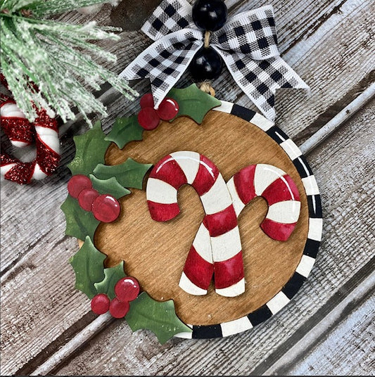 Holly and Checks Candy Cane Christmas Ornament / Gift Tag